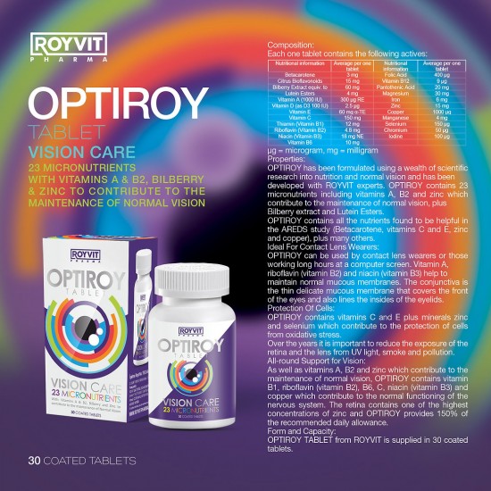 OPTIROY Tablets, Vision Boost with Nutrient-Rich Eye Care Formula, 30 Tablets