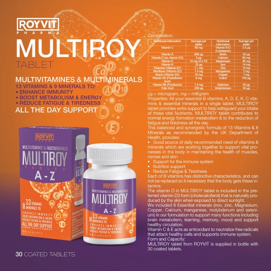 MULTIROY Multivitamins & Multimineral Tablets, Enhanced Immunity and Energy Boost, 30 Tablets