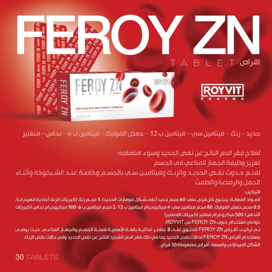 أقراص الحديد والزنك FEROY ZN, دعم مزدوج للمناعة وفقر الدم, علاج نقص الحديد في الجسم, 30 قرصًا