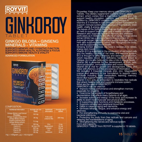 GinkoRoy Memory Support Tablets: Enhance Cognitive Function with Ginkgo Biloba and Ginseng, 15 Tablets