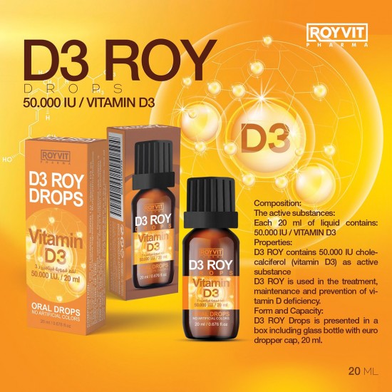 D3 ROY High-Potency Vitamin D3 Drops, 50,000 IU, Immune Support, Bone Health, 20 ml