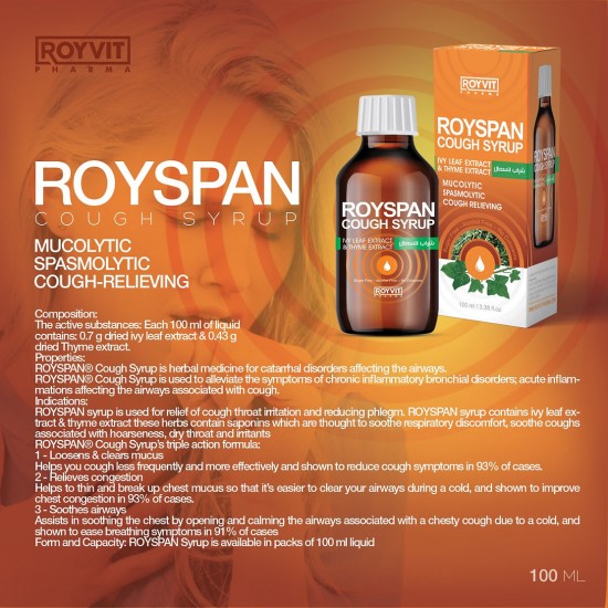 ROYSPAN Herbal Cough Syrup, Natural Mucolytic and Spasmolytic Remedy with Ivy Leaf and Thyme Extracts, 100 ml