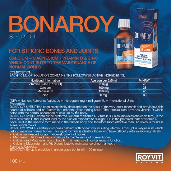 BonaRoy Bone and Joint Support Syrup: Enhanced Bone Strength and Joint Flexibility with Calcium, Magnesium, Vitamin D3, and Zinc, 100 ml