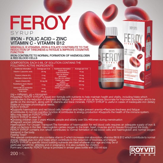 FeRoy Iron Syrup, Enhance Energy, Reduce Fatigue, and Support Immune and Cognitive Performance, 200 ml