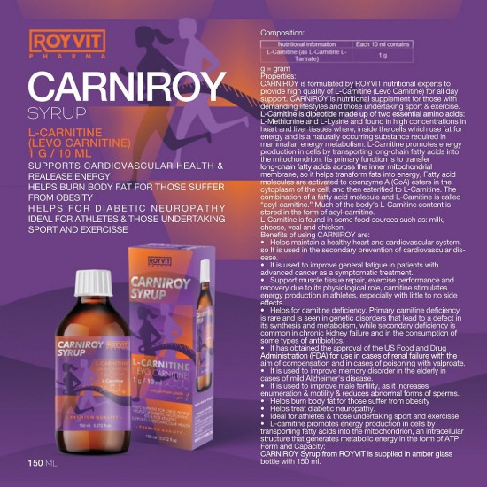 CarniRoy SlimFit Carnitine Syrup, Enhance Fat Burning, Support Diabetic Neuropathy, and Improve Muscle Recovery, 150 ml