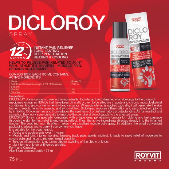 DICLOROY Pain Relief Spray: Rapid Muscle and Joint Pain Relief with Menthol and Camphor, 12-Hour Formula, 75 ml