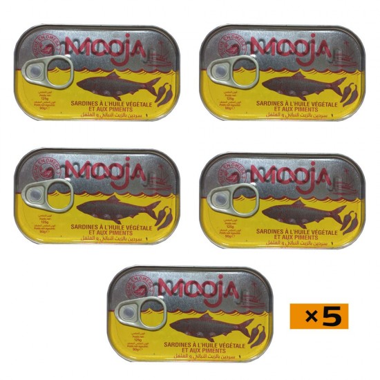 Mooja Sardine in Vegetable Oil and Chili, Delicious, Omega-3 Rich, High-Protein and Packed with Health Benefits, 5×125gr