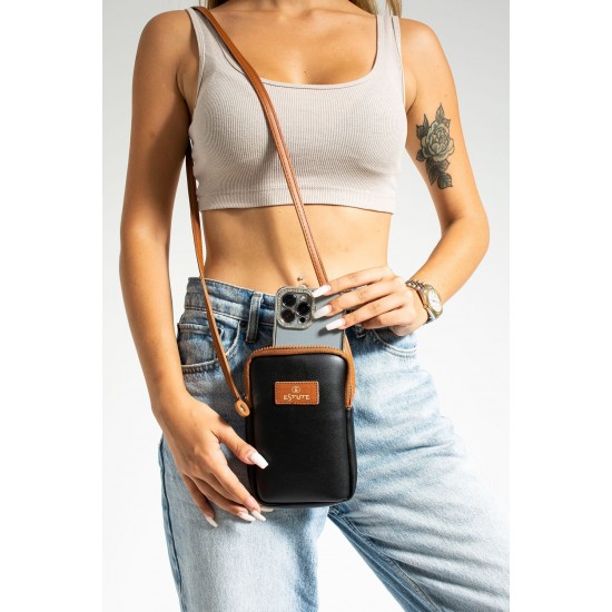 Leather Phone Holder with Adjustable Shoulder Strap, Shoulder Bag and Handbag, Stylish and Versatile, Black Color