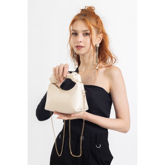 Women's Leather Shoulder Bag with Knot Detail, Stylish, Trendy and Elegant Handbag for Versatile Use, Cream Color