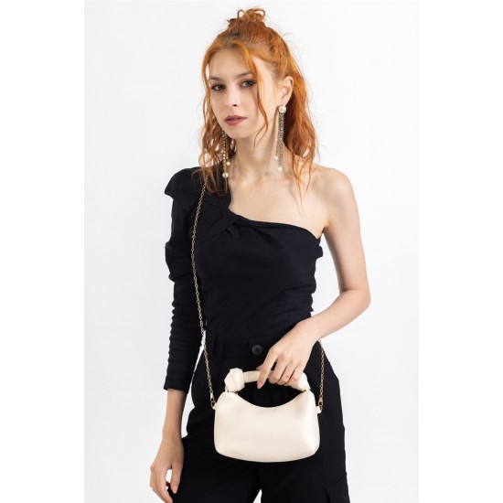 Women's Leather Shoulder Bag with Knot Detail, Stylish, Trendy and Elegant Handbag for Versatile Use, Cream Color